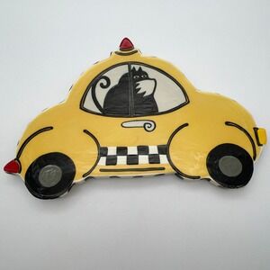 Vintage Hand-Painted Ceramic Black Cat Yellow Taxi Cab Trinket Dish Signed